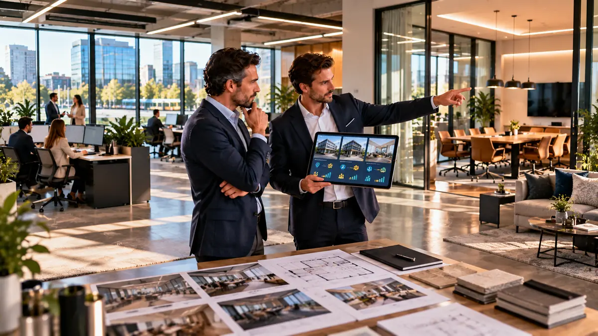 Professionnels visitant un bien immobilier pour leur entreprise