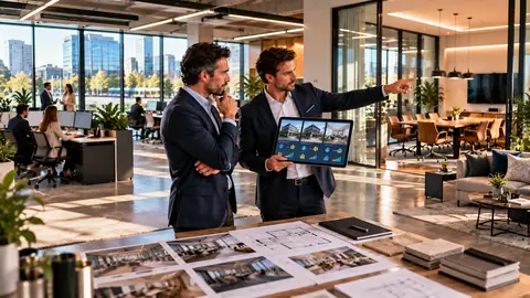 Professionnels visitant un bien immobilier pour leur entreprise